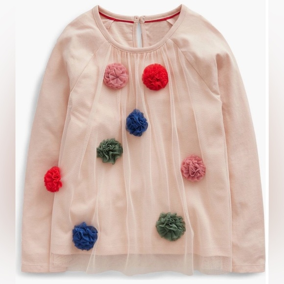 Mini Boden Other - Mini Boden Embellished Tulle Overlay
LS Tee in Blush, Colorful Pom Pom Accents